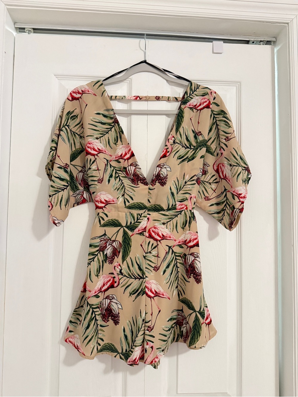 NWT Forever 21 Beige Flamingo V-Neck Short Sleeve Romper, Size XS